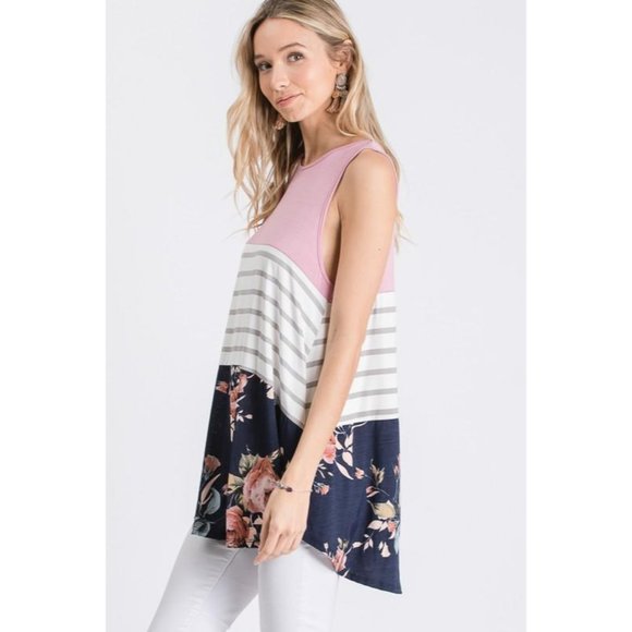 Women's Stripe And Floral Color Block Tank Top. - Picture 2 of 4